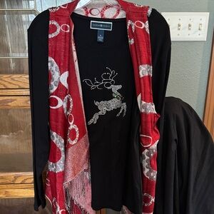 Karen Scott Black Top with Festive Red Scarf